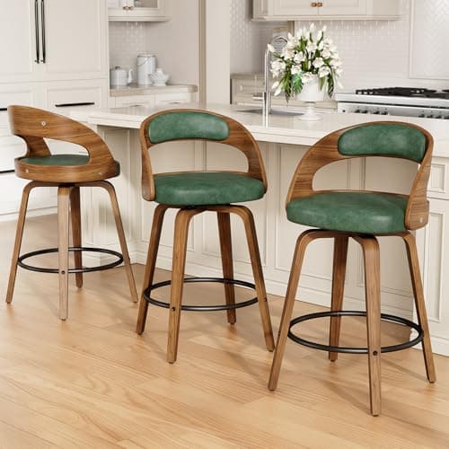 REONEY Swivel Bar Stools Set of 3, 26" Counter Height Bentwood Barstool, Mid-Century Modern PU Leather Upholstered Bar Chair with Back and Footrest, for Kitchen Island, Bar, Cafe, Dining Room, Green - Image 1