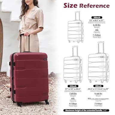Coolife Luggage Expandable 3 Piece Sets PC+ABS Spinner Suitcase 20 inch 24 inch 28 inch (wine red., 3 piece set) - Image 3