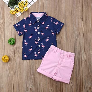 VISGOGO Toddler Baby Boy Flamingo Short Sleeve Button Down Shirt & Casual Shorts Set Summer Outfits 1-6 Years Clothes - Image 2
