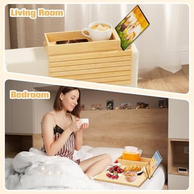 Sofa Arm Tray, 3-in-1 Magnetic Detachable Couch Arm Tray with 360° Swivel Phone/Tablet Holder, Bamboo Couch Cup Holder, Foldable Couch Armrest Table for Drinks, Snacks, Cups, Phones - Image 7