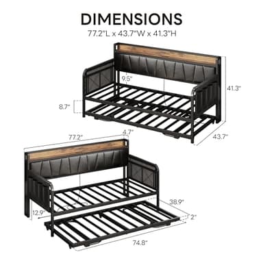 LIKIMIO Daybed with Trundle Bed, Twin Bed Frame with Storage Headboard and Charging Station, Sofa Day Bed with Strong Supports for Living Room, Bedroom, and Guest Room, Black - Image 3