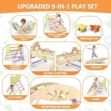 Pikler Triangle Set with Cushion 9 in 1 Climbing Toys for Toddlers 1-3 Indoor Baby Gym Toddler Montessori Toys Wooden Climbing with Maze, Shape Sorting, Dinosaur Car - Image 3