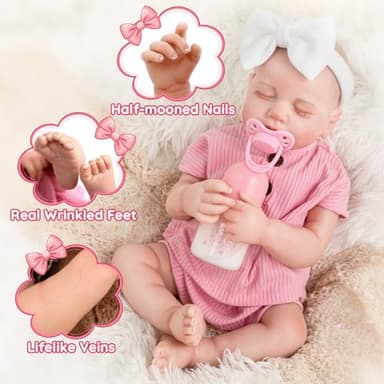 Jirachi Realistic Reborn Baby Dolls, 18 Inch Real Life Full Body Vinyl Sleeping Baby Girl, Newborn Lifelike Reborn Baby Dolls with Pink Clothing Set - Image 5