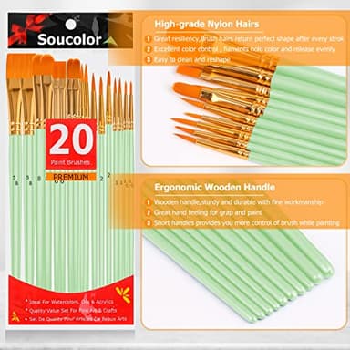 Soucolor Acrylic Paint Brushes Set, 20Pcs Round Pointed Tip Artist Paintbrushes for Acrylic Painting Oil Watercolor Canvas Boards Rock Body Face Nail Art, Halloween Pumpkin Ceramic Crafts Supplies - Image 7