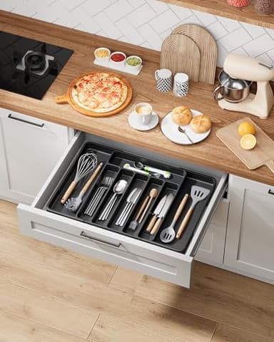 Kitsure Cutlery Drawer Organiser for Kitchen - Adjustable Cutlery Tray for Effortless Utensil Sorting, Versatile Kitchen Storage & Organisation Solution, 13.70" x 1.54" x 10.94"~20.08", Black - Image 2