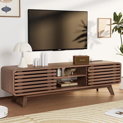 Royal Windsor Modern TV Stand for Living Room, Media Console Cabinet with Socket, Large Entertainment Center with Storage, TV Table with Slatted Sliding Doors and Open Shelves, Reddish Brown - Image 1