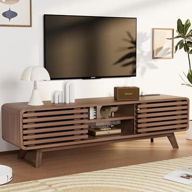 Royal Windsor Modern TV Stand for Living Room, Media Console Cabinet with Socket, Large Entertainment Center with Storage, TV Table with Slatted Sliding Doors and Open Shelves, Reddish Brown - Image 1