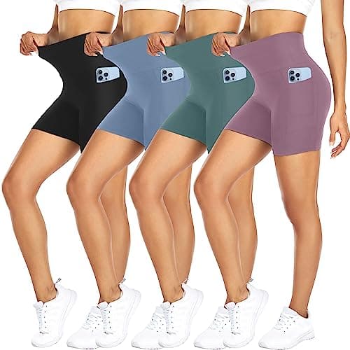 FULLSOFT 4 Pack Biker Shorts for Women – 5" High Waist Tummy Control Workout Yoga Running Compression Exercise Shorts with Pockets(4 Pack Black/Pink/Ins Green/Blue,Large-X-Large) - Image 1