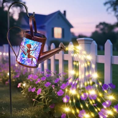 Solar Watering Can with Cascading Lights Garden Decor,Fairy Garden Accessories Hanging Solar Lights,Birthday Gifts for Women Mom,Gardening Lanterns with Shepherd Hook for Porch Patio Lawn Yard Art - Image 1