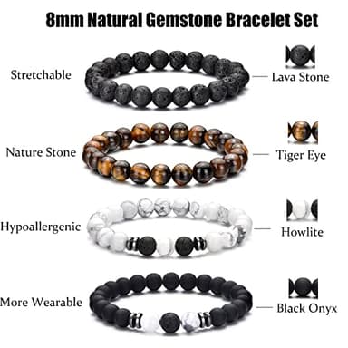 Tiger Eye Bracelet For Men 8MM Natural Stone Beads Bracelet Set Stretch Lava Rock Bracelets Adjustable Black Crystal Beaded Bracelet for Men Women Gifts - Image 3