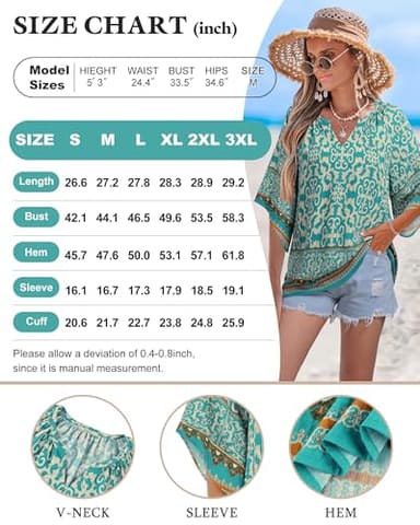 Bebonnie Linen Shirts for Women: 3/4 Sleeve Dressy Casual V Neck Boho Tops - Summer Linen Beach Vacation Clothes - Ladies Blouses Work Professional Flattering Outfits to Hide Tummy Multi Blue XL - Image 6
