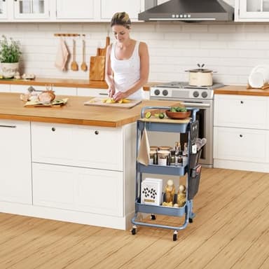 DTK 3 Tier Metal Utility Rolling Cart with Table Top and Side Bags, Metal Tray Storage Organizer Cart with Wheels, Art Craft Cart with 4 Hooks for Kitchen Bathroom Office Living Room (Blue) - Image 7