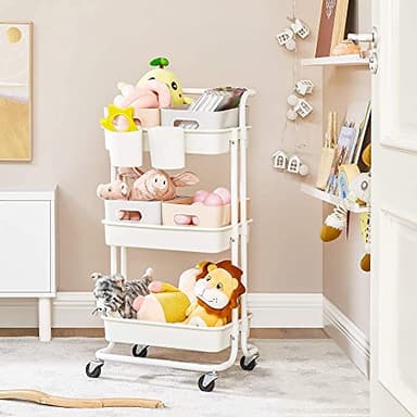SONGMICS Rolling Cart, 3-Tier Storage Cart, Storage Trolley with Handle 2 Small Organizers, Steel Frame, Plastic Baskets, Utility Cart, Easy Assembly, for Bathroom Laundry Room, White UBSC067W01 - Image 7