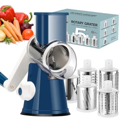 Ourokhome Rotary Cheese Grater Hand Crank, Kitchen Shredder Speed Mandolin Slicer Ice Shaver with Handle and Drum Blades for Cheese, Vegetable, Nuts, Chocolate, Potato, Carrot, 5 Blades, Dark Blue - Image 1