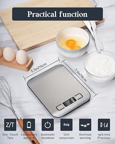 Tcsxady Food Scale, 11lb Digital Kitchen Scale with 6 Units LCD Display and Tare Function,Compact Design for Baking,Healthy Cooking,Meal Prep, 304 Stainless Steel - Image 6