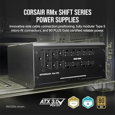 Corsair RM1000x Shift Fully Modular ATX Power Supply - Modular Side Interface - ATX 3.1 & PCIe 5.1 Compliant - Zero RPM Fan Mode - 105°C-Rated Capacitors - 80 Plus Gold Efficiency - Black - Image 2