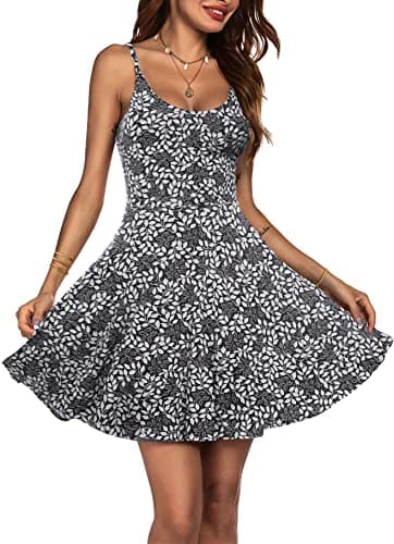 ACEVOG Sundress for Women Beach Sexy Floral Adjustable Strap Fit & Flare Summer Dresses Skater V Neck Knee Length Vacation Dresses Grey - Image 1