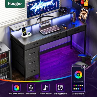 Huuger Gaming Desk with 6 Drawers, Computer Desk with LED Lights Power Outlets and Type-C, 47 Inch Office Desk with Storage, Monitor Stand, Writing Desk Work Desk for Home Office, Bedroom, Study, Grey - Image 4