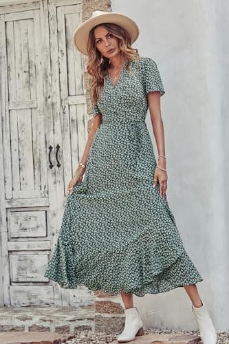 PRETTYGARDEN Women's Summer Wrap Maxi Dress Casual Boho Floral V Neck Short Sleeve Ruffle Hem Split Beach Long Dresses (Dark Green Floral,X-Large) - Image 8