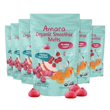 Amara Smoothie Melts - Carrot Raspberry - Baby Snacks Made With Fruits and Vegetables - Healthy Toddler Snacks For Your Kids Lunch Box - Organic Plant Based Yogurt Melts - 6 Resealable Bags - Image 1