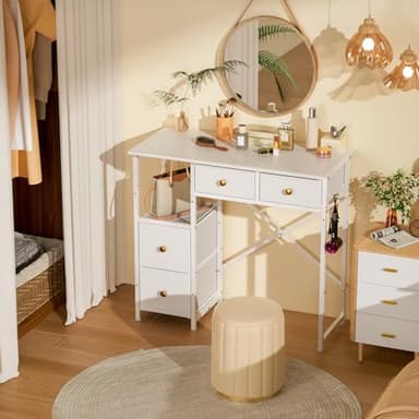 3IngSeagulls White Vanity Desk Without Mirror, Small Makeup Desk with 4 Fabric Drawers, 33.5 Inches Dressing Table with Storage, Vanity Table for Bedroom with Hook, White - Image 4