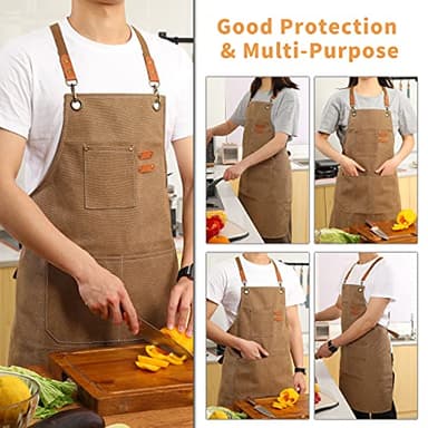Tosewever Canvas Cross Back Chef Apron for Men Women with Adjustable Straps Large Pockets, Waterdrop Kitchen Heavy Duty Cotton Aprons for Tool Cooking BBQ Artist, M to XXL (Cappuccino Brown) - Image 4
