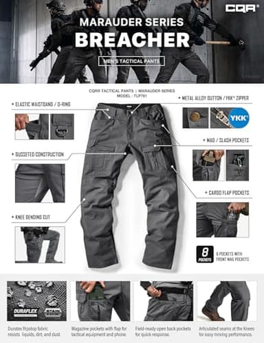 CQR Men's Flex Ripstop Tactical Pants, Water Resistant Stretch Cargo Pants, Lightweight EDC Hiking Work Pants, Breacher Charcoal, 32W/32L - Image 4