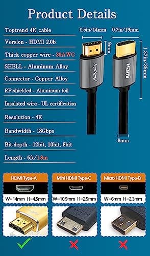Toptrend 4K HDMI Cable 6ft, HDMI Cord CL3 Rated 18Gpbs High Speed HDMI 2.0 Cable Supports 1080p, 3D, 2160p, 4K 60Hz UHD, HDR, 30AWG HDMI Cords, Compatible with HDTV, Blue-ray Player, PS3, PS4, PC - Image 6