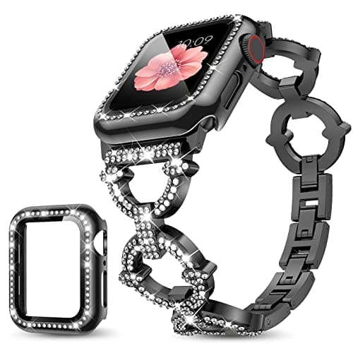 Mesime Compatible with Apple Watch Band 38mm 40mm 41mm 42mm 44mm 45mm , Women Girl Bling Diamond Jewelry Metal Strap Bands with Crystal Tempered Glass Screen Protector Case, Round Shiny Bracelet - Image 1