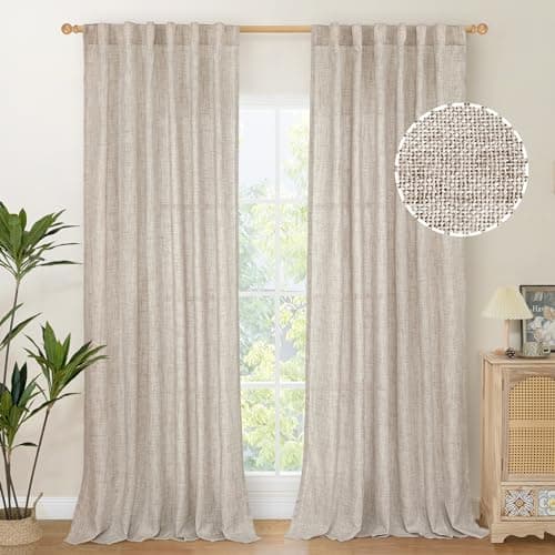 YoungsTex Natural Linen Curtains 90 Inches Long for Living Room Back Tab Textured Light Filtering Window Drapes with Ring Clips for Bedroom Dining Room, 52 X 90 Inch, 2 Panels - Image 1