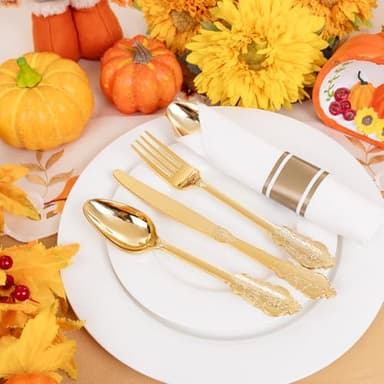Liacere 400PCS Gold Plastic Silverware - Pre Rolled Napkins Disposable Gold Plastic Cutlery-Premium Quality Utensils-Includes 100Forks,100Knives,100Spoons,100Napkins&Wedding&Thanksgiving - Image 4