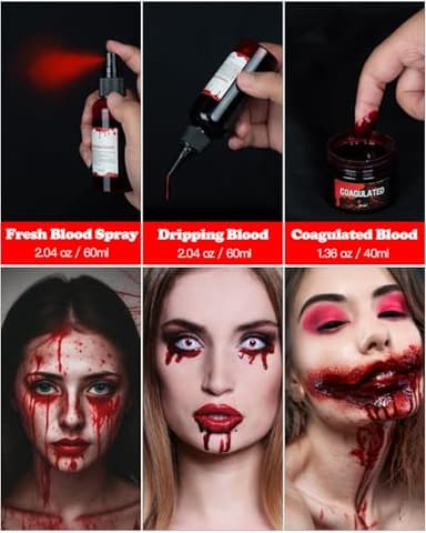 3PCS Halloween Fake Blood Makeup Kit 5.04oz - 2.04oz Fake Blood Spray, 2.04oz Dripping Blood, 1.36oz Coagulated Gel Blood, Realistic Washable Fake Blood Makeup for Zombie Vampire Clown Monster Cosplay - Image 2