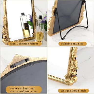 Vintage Makeup Mirror, Vanity Desk Mirror Antique Traditional Tabletop Mirror, Standing, Hang or Wall Mounted, Adjustable Dress-up Mirror, Gold Decor Mirror for Living Room,Bedroom (gold, 12*9.8 in) - Image 5