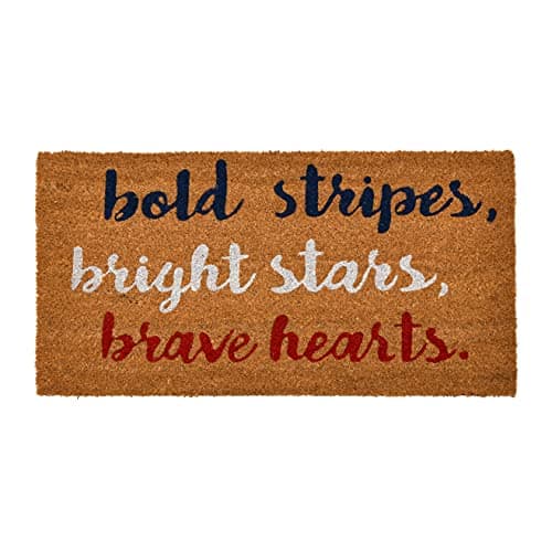 Creative Co-Op Coir Entry Doormat with Patriotic Message, "Bold stripes, bright stars, brave hearts" with non-slip liner backing-Americana, July 4th or Memorial Day Summer Entry Mat, Red, White & Blue - Image 1