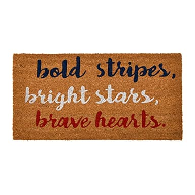 Creative Co-Op Coir Entry Doormat with Patriotic Message, "Bold stripes, bright stars, brave hearts" with non-slip liner backing-Americana, July 4th or Memorial Day Summer Entry Mat, Red, White & Blue - Image 1