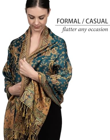 Achillea Soft Silky Reversible Paisley Pashmina Shawl Wrap Scarf w/Fringes (Dark Seagreen) - Image 4