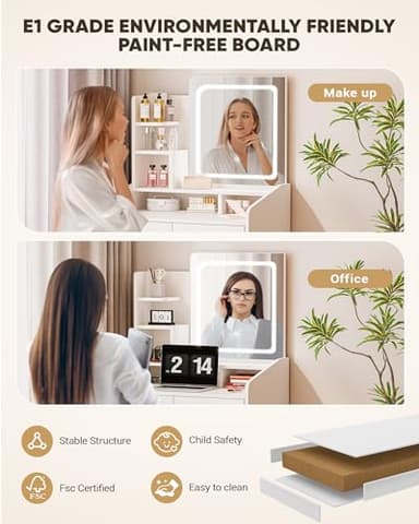 LIVELYGLOW Small Makeup Vanity Desk with Lighted Mirror, White, 23.62" W x 15.74" D x 53.93" H (Smart LED Mirror, Open Shelves, 2 Drawers) - Image 8