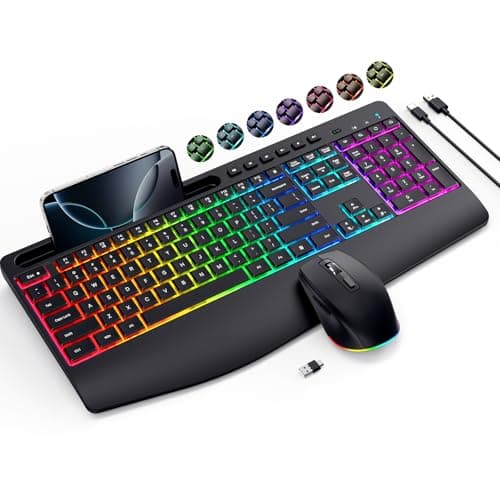 Wireless Keyboard and Mouse Combo- VEILZOR 2.4G Rechargeable Keyboard with Phone Holder, Ergonomic Wrist Rest, 9 RGB Backlit Effects, Silent Keyboard Mouse Set for Windows, Laptop, PC - Image 1
