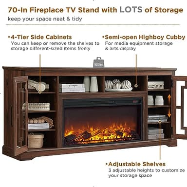 JXQTLINGMU Fireplace TV Stand with 36" Electric Fireplace for 80 Inch TV, Farmhouse 32" Tall Highboy Entertainment Center w/6 Shelves, Modern Media Console w/Storage for Living Room, Brown - Image 5