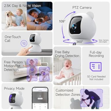 2.5K Security Camera Indoor, Non-Subscription AI Person/Pet/Cry Detection, 4MP Pet/Dog/Cat Camera w/Phone App, Pan Tilt 2.4GHz WiFi Cameras for Home Security, IR Night Vision, Full Duplex 2-Way Audio - Image 9