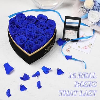 Casaido Preserved Roses Flowers for Delivery 16 Pcs, Forever Flores in Heart Box with Necklace, Eternal Rose Anniversary Birthday Gift for Women Wife Girlfriend, Rosas for Valentines Christmas, Blue - Image 2