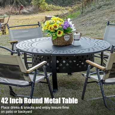 Panovue 42 Inch Fire Pit with 2 BBQ Grills, Wood Burning Fire Pits for Outside with Lid & Fire Poker, BBQ& Outdoor Firepit & Round Metal Table 3 in 1 for Patio, Picnic, Party - Image 5