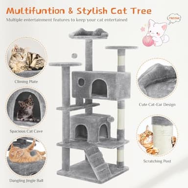 Sweetcrispy 54 Inch Cat Tree Tower, Multi-Level with Cat Scratching Post, Indoor Cat Condo with Climbing Ladder, Plush Toy, Play House for Cat, Light Grey - Image 3