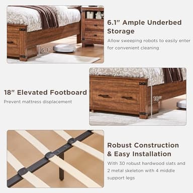 T4TREAM Farmhouse King Size Bed Frame with 54" Tall Geometric Headboard & 2 Large Storage Drawers, Rustic Wood Platform Bed with Wood Slats Support, No Box Spring Needed, Reclaimed Barnwood - Image 8