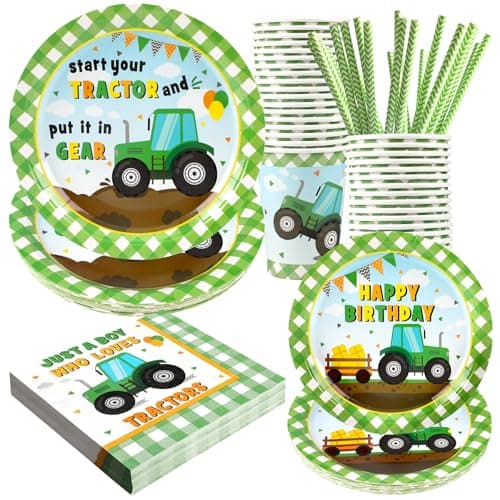 Tractor Party Supplies Decorations, Disposable Kids Birthday Paper Plates and Napkins Set with Cups and Straws for 24 Guests, 120 Pcs Party Dessert Dinnerware - Image 1
