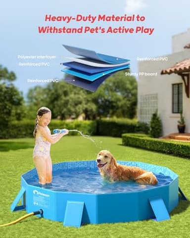 Peteast Foldable Dog Kiddie Pool with Stable Side Support, Hard Plastic Shell Portable Dog Pool, Collapsible Swimming Pools for Pet and Kids, 64 in - Image 3