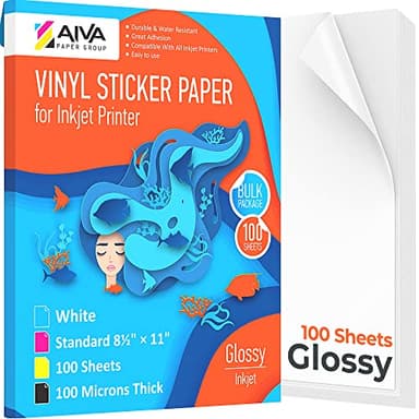 Printable Vinyl Sticker Paper - Waterproof Decal Paper for Inkjet Printer - 100 Self-Adhesive Sheets - Glossy White - Standard Letter Size 8.5"x11" - Image 1