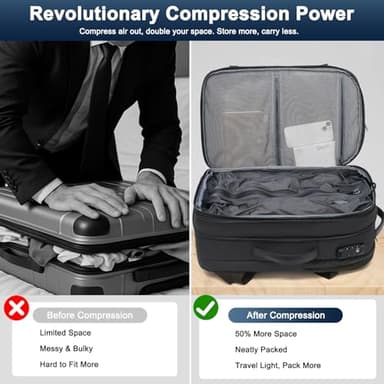 Vacuum Backpack Travel – Expandable Compression Carry On Backpack with Vacuum Pump, Water-Resistant TSA Lock Travel Bag, 17" Laptop Backpack for Men Women, Business Airplane Flight Luggage, Black - Image 3