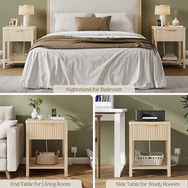 Lulive Night Stand Set 2, Fluted Nightstand with Charging Station, Wood Modern Bedside End Table with Storage Drawer for Bedroom, Save Space (Set of 2, Natural Oak) - Image 7