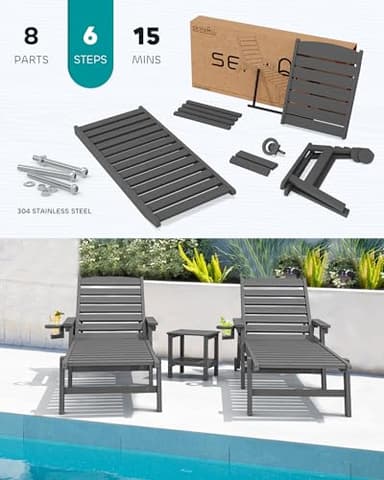 SERWALL Patio Chaise Lounge Chair Set of 8, 5 Positions Adjustable Outdoor Lounge Chair for Pool, Plastic Lounge Chair with Rolling Wheels & Cup Holder for Poolside, Deck, Slate Gray - Image 6